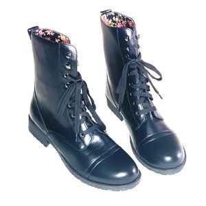 Black Floral Lined Combat Boots from Hot Topic